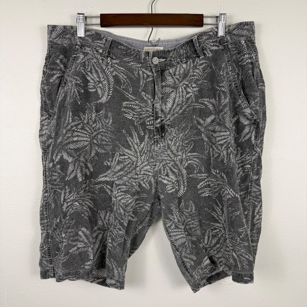 Carbon2Cobalt Mens 38 Linen Cotton Tropical Leaf Print Shorts Faded Black Gray